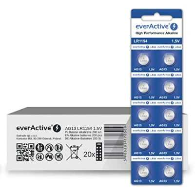 Image of everActive AG13 1.5V 200 Pack Alkaline Mini G13 LR1154 LR44 4 Year Shelf Life 10 Blister Cards