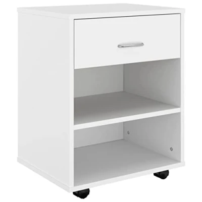 Image of vidaXL Rolling Cabinet in White Engineered Wood material, Mobile with lockable castors, Ideal for Living Room, Bedroom, Office