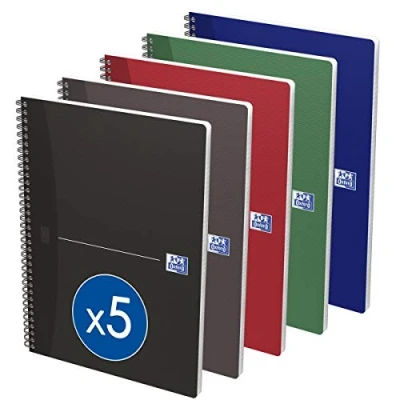 Image of Oxford Office Essentials A4 Card Cover Wirebound Notebook,180 Page Assorted Colours, Pack of 5
