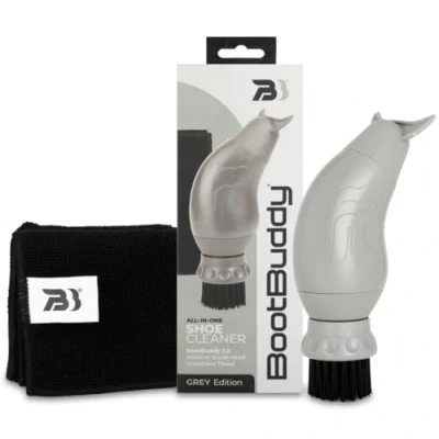 Image of Boot Buddy Shoe &amp; Cleaner Brush with Towel (Grey) Cleaning Kit Cleans Mud Dirt from Football, Rugby Boots, Hiking Walking Golf Shoes in Minutes!
