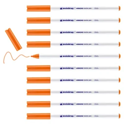 Image of edding 4600 textile pen orange box of 10 round nib 1 mm permanent fabric pens for drawing on textiles, wash resistant to 60 C