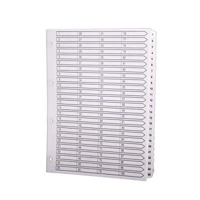 Image of Exacompta Ref MWD1 100Z Mylar Printed Indices For Use WithA4 Documents, Pre Punched, 160gsm White Card with Reinforced Plastic Tabs, FSC Certified 100 Part Dividers (1 100)
