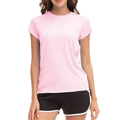 Image of MEETWEE Swim Shirts for Women, Short Sleeve T Shirt Athletic Casual Tops Quick Dry UPF 50+ Running Surfing Workout Yoga Sun Tee Pink Purple