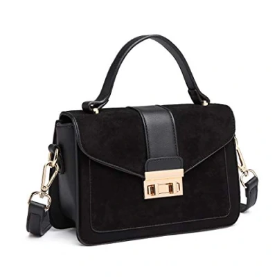 Image of Miss Lulu Women&#039;s Small Handbag, Square Metal Buckle Flap Cross body Bag, Elegant Suede and PU Leather Shoulder Bag