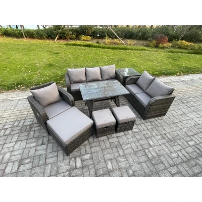 Image of 9 Seater Outdoor Rattan Garden Furniture Set Patio Lounge Sofa with Dining Table 3 Footstools Side Dark Grey Mixed Fimous
