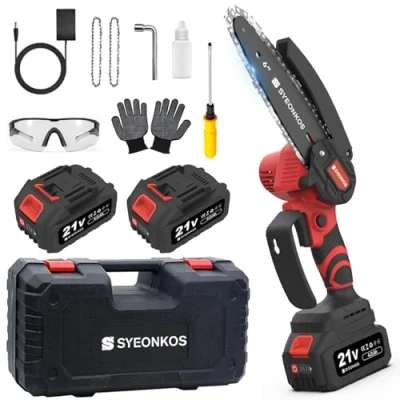 Image of SYEONKOS Mini Chainsaw Cordless 6 inch, Brushless Electric Chain Saw, Small with Safety Lock 2 Chains and * 4000mAh Batteries for Tree Trimming,Gardening, Wood Cutting