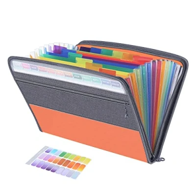 Image of Expanding File Organisers,13 Pockets Document Organiser Box Files, Rainbow Filing Folder, Fun Storage Accordian A4 Folders, Portable Files Wallets Plastic Documents Paperwork Boxes with Zip (Orange)