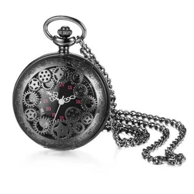 Image of JewelryWe Quartz Skeleton Pocket Watch: Unisex Black Analog Hallow Out Embossed Gear Decor Men Women Arabic Numerals Dial Fob Hunter Watch with Sweater Chain
