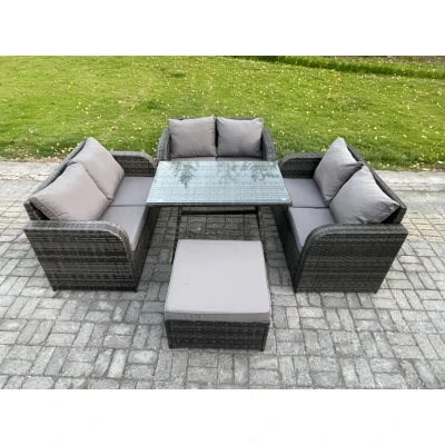Image of Rattan Garden Furniture Set 7 Seater Patio Outdoor Love Sofa with Rectangular Dining Table Big Footstool Dark Grey Mixed Fimous