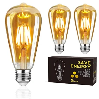 Image of Woowtt LED Edison Vintage Bulbs, E27 Light Bulb Dimmable 6W Filament Retro Amber Glass Screw Lamp ST64,600LM 3 Pack
