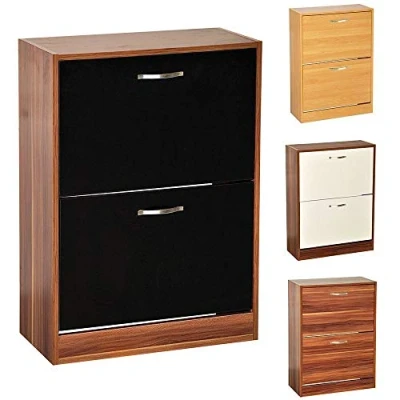 Image of Vida Designs 2 Drawer Shoe Cabinet Cupboard Storage Organiser Pull Down Wooden Furniture Unit, Walnut and White
