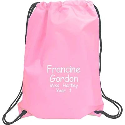 Image of Girl&#039;s Personalised Name, Teacher &amp; School Year Sports PE Drawstring Gym Swimming Bag (Baby Pink)
