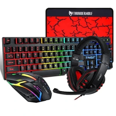Image of T Wolf Gaming Combo TF800 Keyboard/Mouse/Headphone/Mouse Pad Wired LED RGB Backlight Bundle for PC Gamers Users 4 in 1, Black