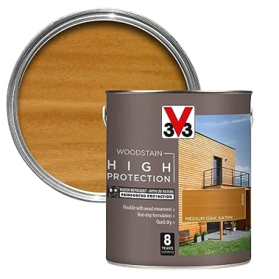 Image of V33 High Protection Woodstain Medium Oak 2.5L 8 Years Guarantee with UV Filters Water Repellent Non drip Formulation Felxible Quick Dry Only 2 Coats Needed