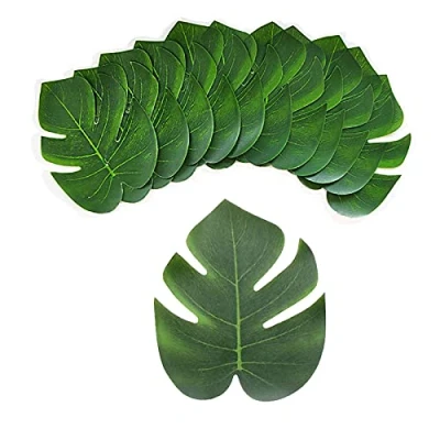 Image of 12PCS Artificial Palm Leaves Tropical Plant Leaf Jungle Decorations Faux Monstera Fake Safari For Hawaiian Luau Party Beach Theme
