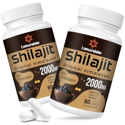 Image of Lumarejebo Shilajit Capsules 2000mg, 100% Pure with Ashwagandha Root Extract, 60% Fulvic Acid and 85+ Minerals, High Strength Himalaya Supplement for Energy, 60 Count (Pack of 2)