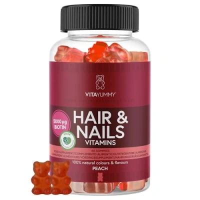 Image of VitaYummy Hair &amp; Nails Vitamin Gummies Peach Flavour Dietary Supplement for Women with C, D, Zinc and High Dose Biotin (5000μg), Vegan Without Gelatine 60 Pieces
