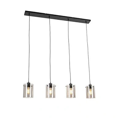 Image of Qazqa Design Dining Room I Table Pendant Lamp Light Ceiling Black with Smoke Glass 4 Dome Suitable for LED E27 L