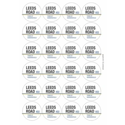 Image of Leeds Road Town of Huddersfield HD2 Sign Circular Matt Paper Stickers A4 Sheet 24 (Each Sticker is 45mm Diameter)