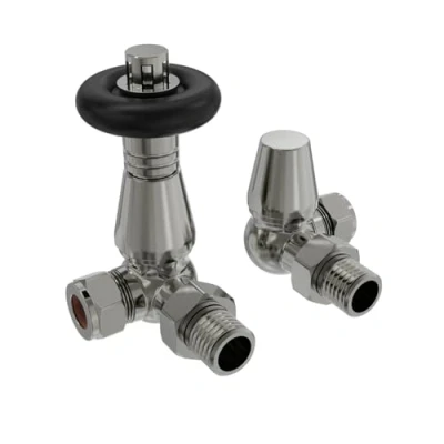 Image of NRG Traditional Corner Central Heating Radiator Valve 15mm Thermostatic Lockshield Valves Satin Nickel
