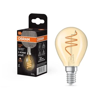 Image of OSRAM Vintage 1906 Classic is a Warm White with Spiral Filament in The Shape of Mini Ball. It Offers 4.9 W, 470 lm, E14 Socket, Gold Glass, 45 mm Diameter, 2200 K.