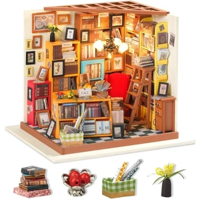Image of ROBOTIME DIY Dolls House Kit Wooden Library Model Kits Building, Book Nook Miniature Craft Kits, 1:24 Scale Store with Furniture and Accessories Educational Toys