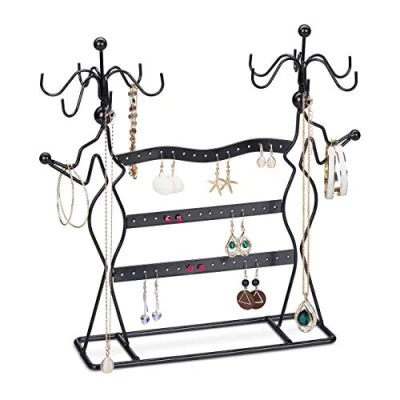 Image of Relaxdays Jewellery Stand, Necklace &amp; Earring Holder, Rotatable, H x W D: 33 35 13 cm, Iron, Black