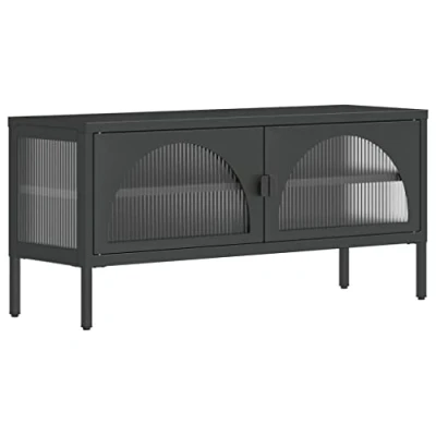 Image of vidaXL Fluted Glass and Steel TV Cabinet Black, Adjustable Shelves, Stable for Living Room or Bedroom