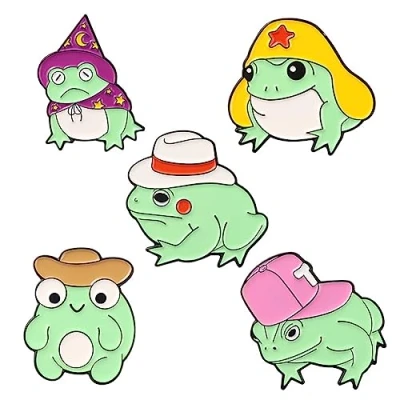 Image of Cartoon Cute Frog Enamel Brooch With Hat Lapel Pin Set Funny Little Animal Badge for Backpacks Hats Bags