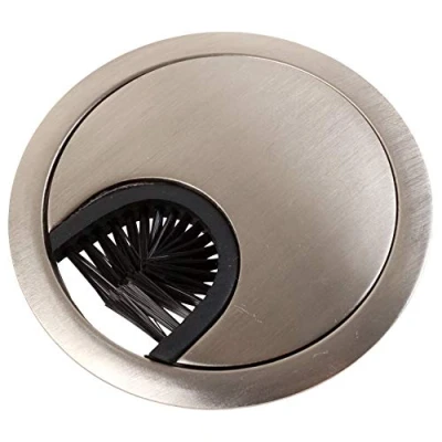 Image of 60mm Brushed Nickel Desk Grommet with Brush Computer Table Surface Cable Tidy Management