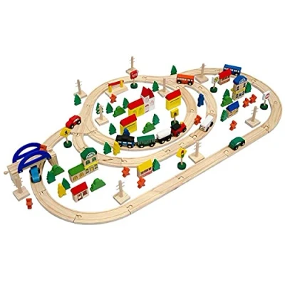 Image of messefix 130 Pieces Wooden Train Set XXL 5m Track for 3 Year old Boys and Girls Toy with Tracks lots of Accessories Kids Gifts Christmas