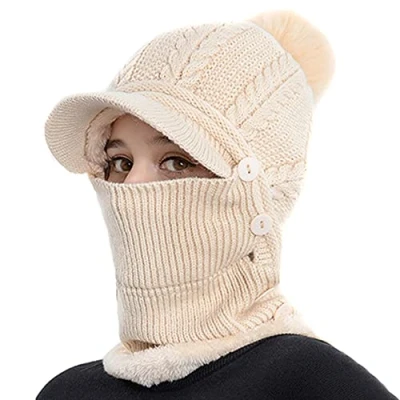Image of TOEECY Winter Hats for Women Warm Face Mask Cap One Piece Scarf Set Soft Faux Fur Beanies Hat Outdoor Windproof Coldproof Cable Knitted Fleece Lined Adjustable Caps with Visor (Beige)