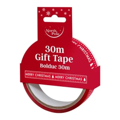 Image of Eurowrap Merry Christmas Red Printed Gift Sticky Tape 30m Roll, Decorative Holiday Wrapping Adhesive for Presents, Xmas Crafts, Party Decorations, Festive and White Packaging Wrap