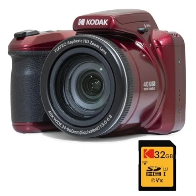 Image of KODAK Pixpro Astro Zoom AZ405 Digital Bridge Pack + Ultra High Speed U1 32GB SDHC Card 20 Megapixel Camera, X40 Zoom, Wide Angle, LCD, Full HD 1080p Video, OIS, AA Battery Red