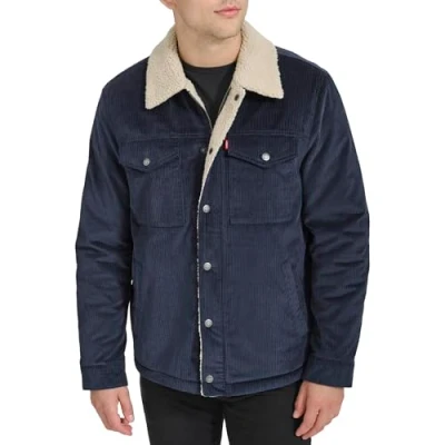 Image of Levi&#039;s Men&#039;s Sherpa Lined Trucker Jacket (Regular &amp; Big Tall Sizes), Navy Wide Wale Corduroy, S
