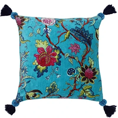 Image of Riva Paoletti Tree Of Life Cushion Cover Kingfisher Blue Floral Chinoiserie Print Pompom Tassel Corners Machine Washable 100% Cotton 50 X 50Cm (20&quot; 20&quot; Inches) Designed In The UK