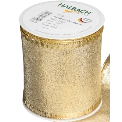 Image of Halbach Seidenbänder Gold Gift Ribbon Made in Germany with Malleable Wired Edges 100 mm x 25 m Elegant Golden for Wedding or Christmas