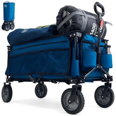 Image of TIMBER RIDGE Festival Trolley on Wheels, Folding Wagon Camping Cart Heavy Duty with Adjustable Handle, Collapsible Foldable Hand Truck for Beach Outdoor Garden Picnic Shopping, 100KG Capacity, Blue