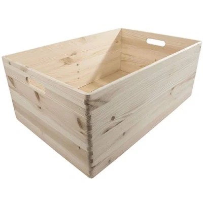 Image of Extra Large Wooden Open Storage Box with Handles 60 x 40 23.5 cm Unpainted &amp; Untreated Decorative Pine for Craft Non lidded Trunk Crate Keepsake Tool Toy Container Organiser
