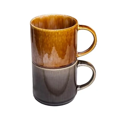 Image of Darthome Set of 2 Stacking Mugs 300ml Mixed Reactive Glaze Brown Black Coffee Tea Cups