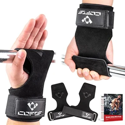 Image of COFOF Weight Lifting Wrist Strap,Double Layer Leather Weightlifting Strap for Deadlift and Powerlifting, Adjustable Neoprene Padded Gym Workout Hooks Men/Women(Pair) (Black)
