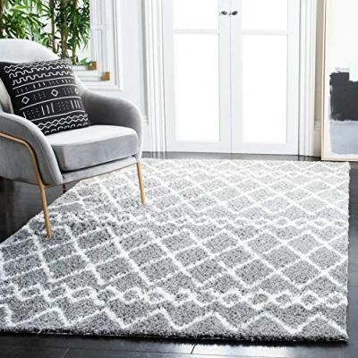 Image of SAFAVIEH Moroccan Shaggy Rug for Living Room, Dining Bedroom Berber Shag Collection, Short Pile, in Light Grey and Cream, 122 X 183 cm