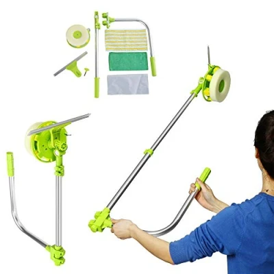 Image of Mulpurpose 2 in 1 Window Cleaning Tool U Shaped Telescopic High Rise Cleaner, Adjustable Sponge Head and Squeegees Kit for Office, Cars Bathroom, 1.4m Extendable Pole, Green