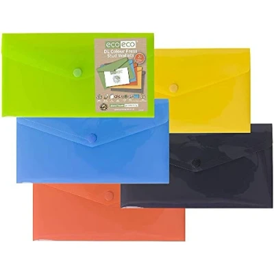 Image of eco DL 50% Recycled Assorted Colours Press Stud Popper Wallet, Plastic Folders (Pack of 25), eco079x25