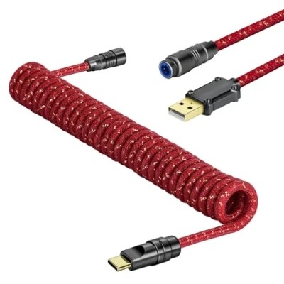 Image of MAMBASNAKE C05 Custom Coiled Aviator USB C Cable for Gaming Keyboard, Nylon Braided, A to C, Double Sleeved Mechanical Keyboard with Detachable CNC Metal Aviation Connector, 4.92ft Red