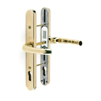 Image of Yale P PVC RH PGF Universal Security Door Handle, Standard Security, 92mm centre, Adjustable Fixing Points, Built in Cylinder Guard, for PVCu doors, Gold Finish, Visi Packed