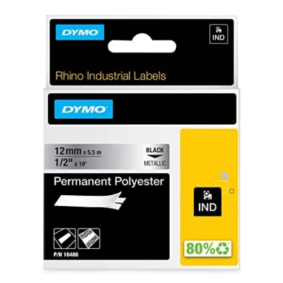 Image of DYMO Rhino Industrial Permanent Polyester Labels 12mm x 5.5m Black Print on Metallic for &amp; LabelManager Label Makers