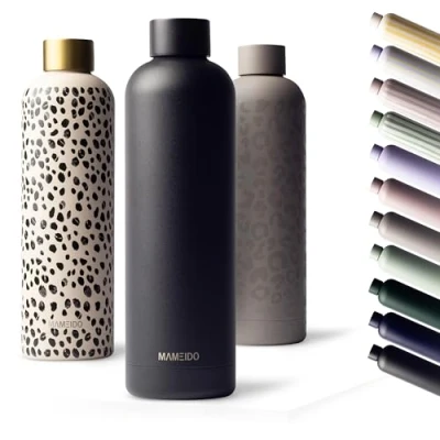 Image of MAMEIDO Metal Water Bottle 1l, 750ml &amp; 500ml Leak Proof Insulated Bottle. BPA Free Stainless Steel, Thermo Flask (Black Marble Gold, 1000ml)