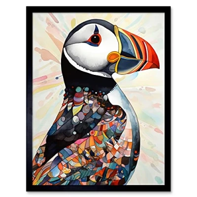Image of Artery8 Multicolour Pattern Feather Puffin Bird Folk Art Print Framed Poster Wall Decor 12x16 inch