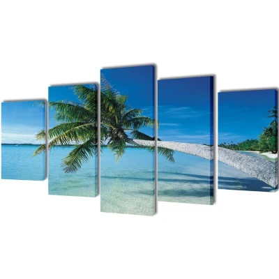 Image of vidaXL Canvas Wall Print Set Sand Beach with Palm Tree 200 x 100 cm